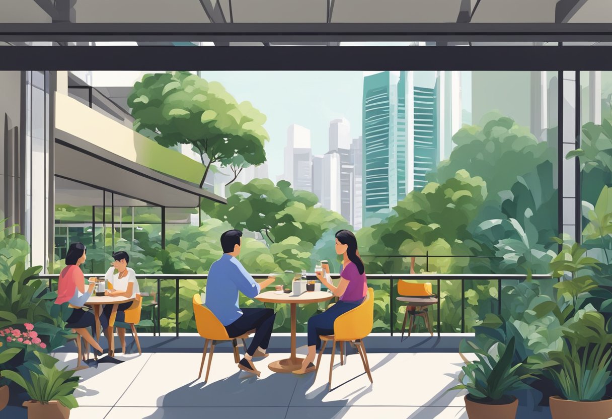 People sipping coffee at outdoor cafes, surrounded by lush greenery and modern architecture in Singapore