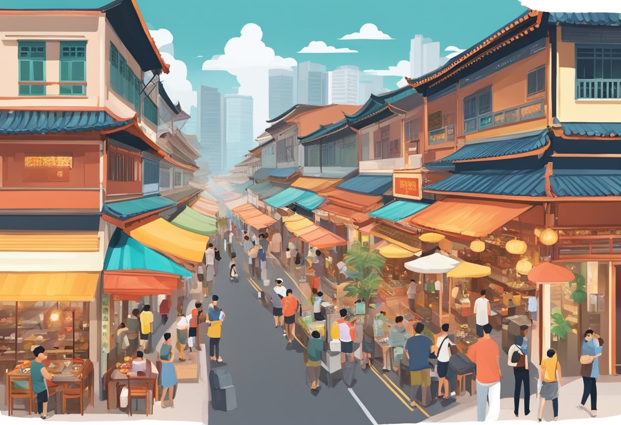 Busy Chinatown Singapore restaurants bustle with colorful signage and aromatic smoke, as diners enjoy a variety of traditional Asian cuisines