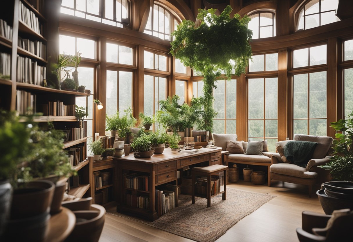 A cozy home library with shelves filled with books, surrounded by potted plants and natural elements like wood and stone. A large window allows natural light to filter in, creating a peaceful and sustainable atmosphere