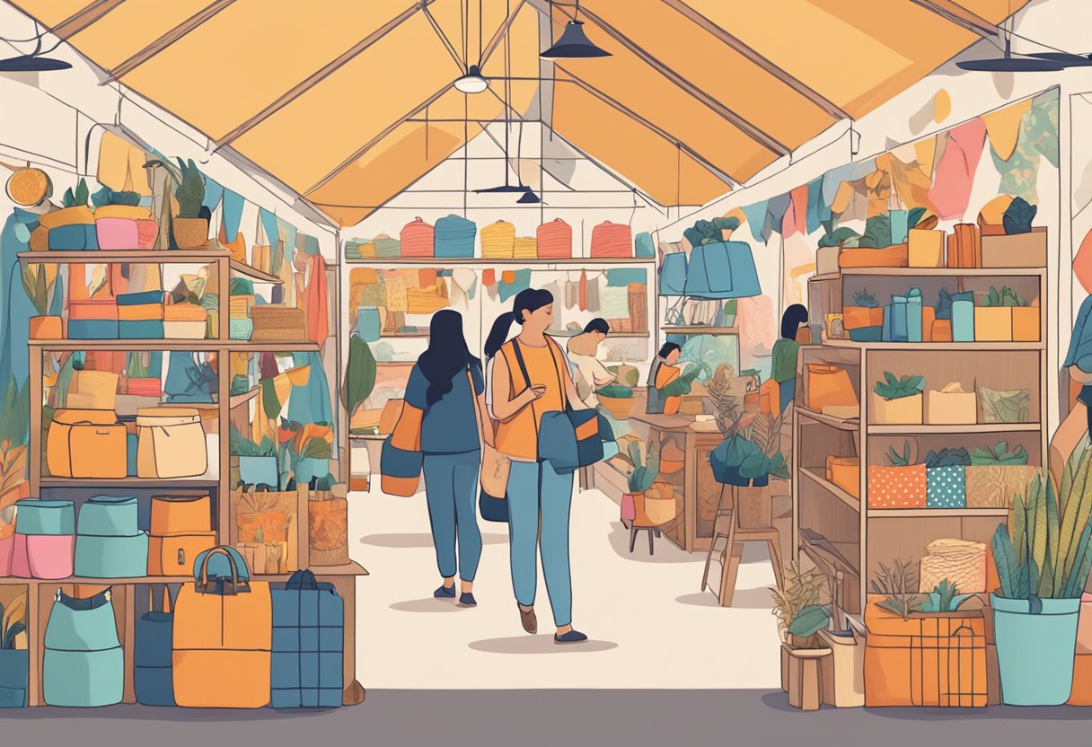 A colorful marketplace with unique handmade goods on display. Customers browsing through the diverse selection of items. The Etsy Singapore logo prominently displayed