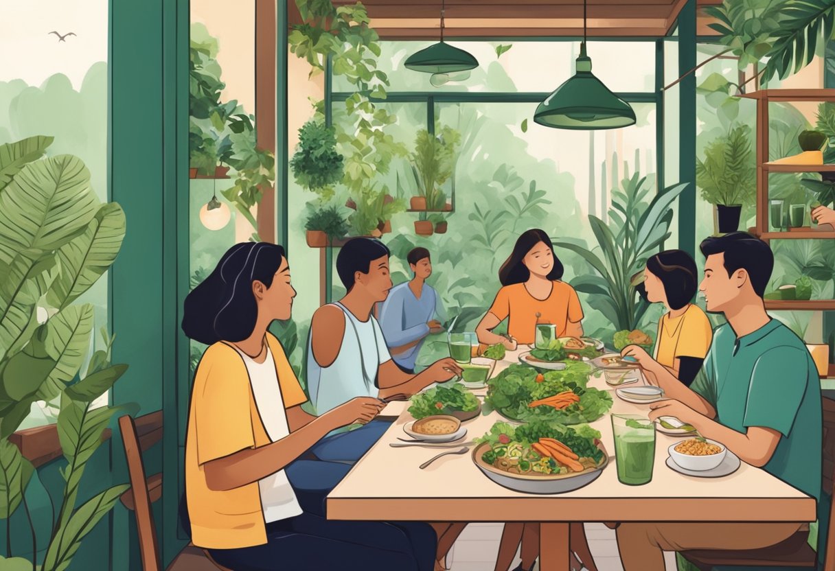 Customers dining at a cozy Vegetarian Lifestyle restaurant in Singapore, surrounded by lush greenery and enjoying delicious plant-based meals