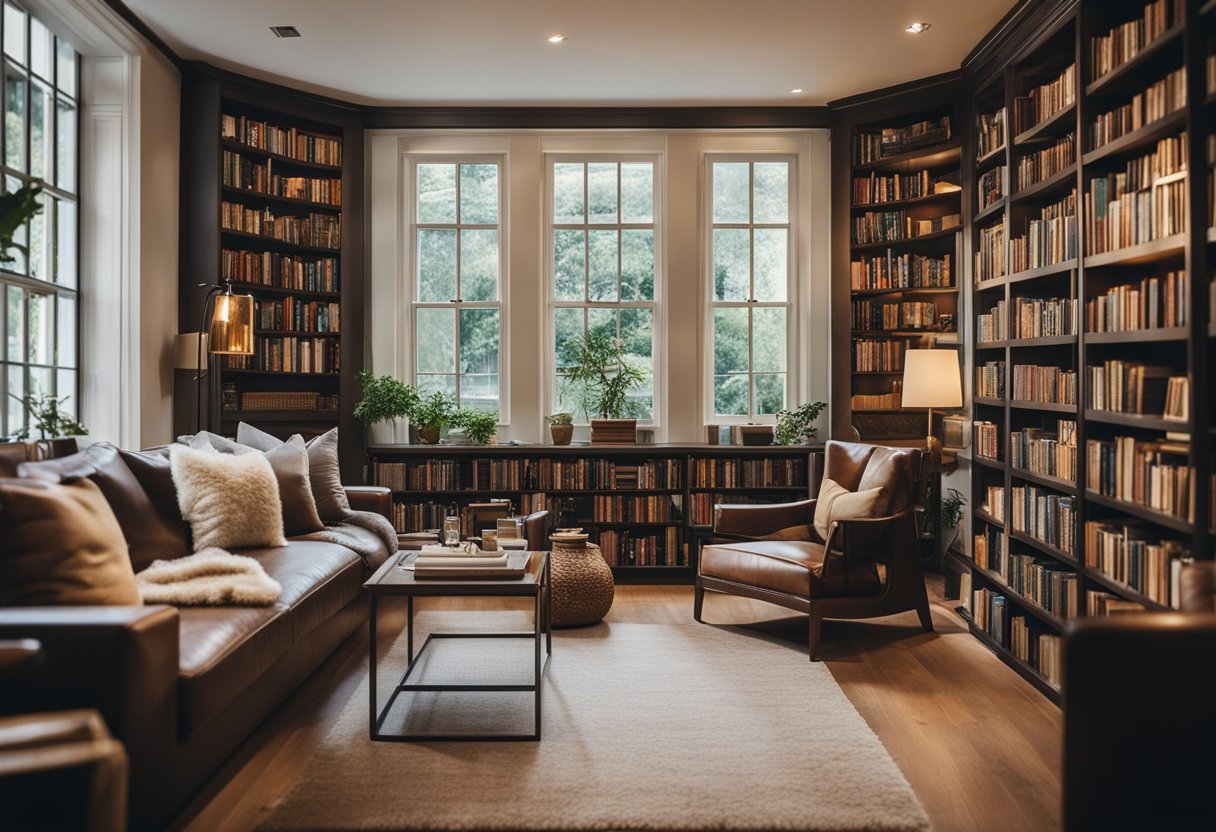 A cozy home library with shelves of books and framed artwork hung on the walls, creating a warm and inviting atmosphere for reading and relaxation