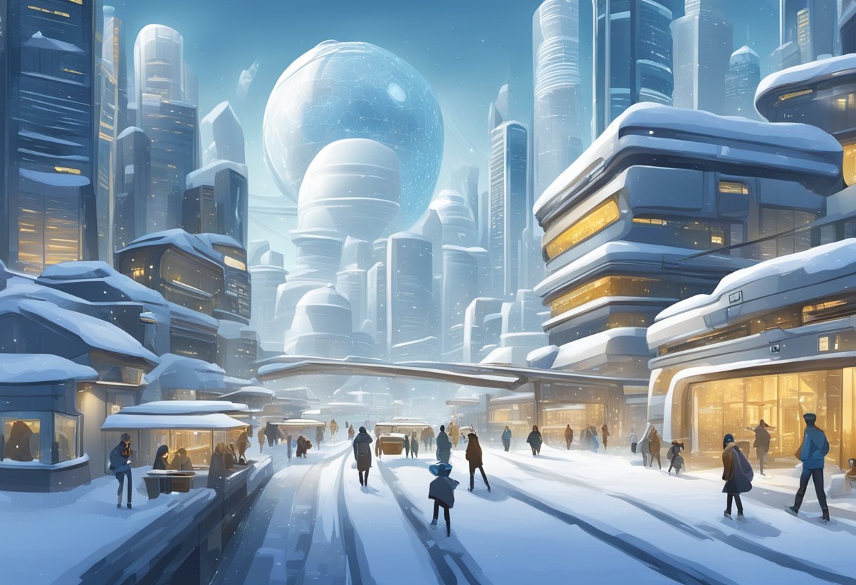 Snow-covered buildings and streets in a futuristic city with signs for "Visitor Information" in Singapore