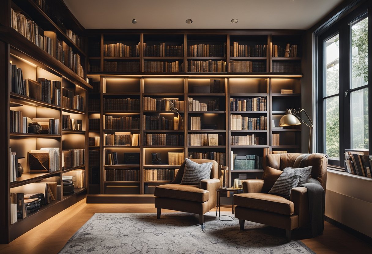 A cozy home library with shelves of books and art displayed on the walls, a comfortable reading nook with a plush chair and soft lighting