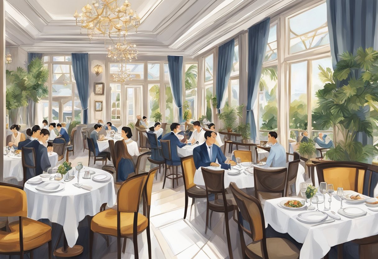 A bustling restaurant with elegant decor and a warm ambience, filled with diners enjoying exquisite French cuisine at C'est La Vie in Singapore