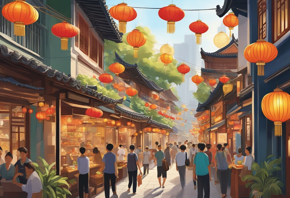 A bustling street lined with colorful, traditional Chinese shophouses, adorned with lanterns and bustling with activity. Aromatic smells waft from open kitchen windows, attracting hungry passersby to the historic eateries of Chinatown, Singapore