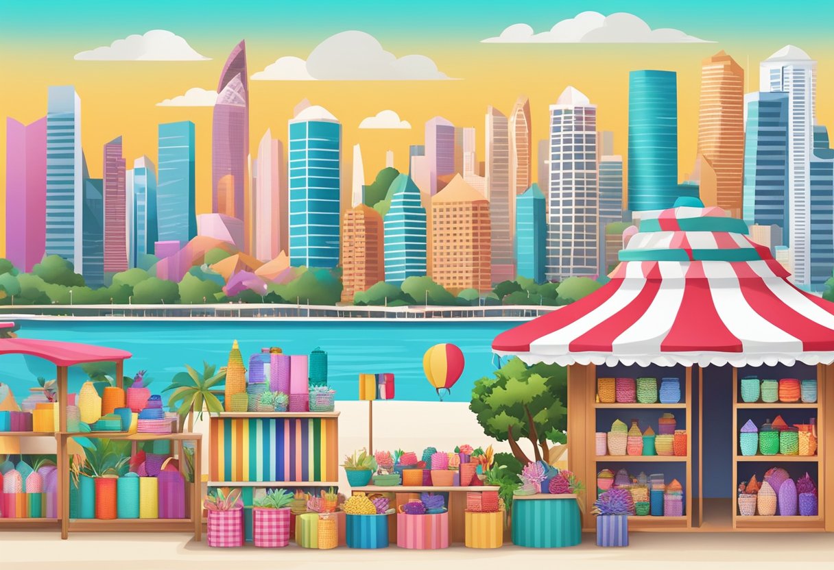 A colorful array of handmade crafts and unique products are displayed on a virtual storefront, with the iconic skyline of Singapore in the background