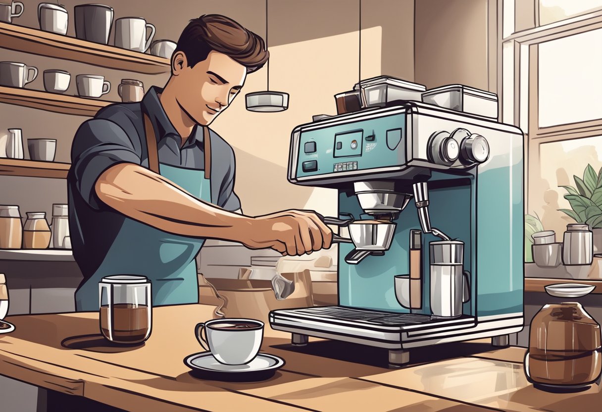 A coffee machine steams as beans are ground, while a barista carefully measures and pours ingredients into a cup