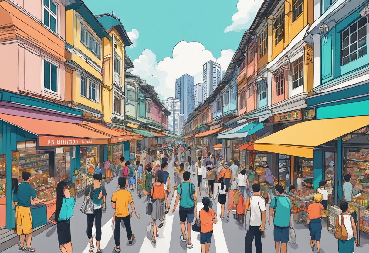 A bustling street in Singapore, lined with colorful shophouses and crowded with people. A mix of traditional and modern architecture, with vibrant signs and bustling activity