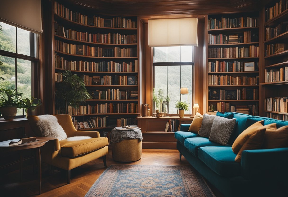 A cozy home library filled with books and art, featuring comfortable seating, warm lighting, and vibrant paintings on the walls