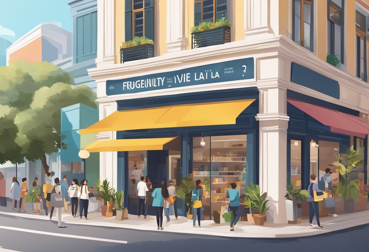 A bustling street with a colorful sign reading "Frequently Asked Questions cest la vie singapore" above a trendy storefront