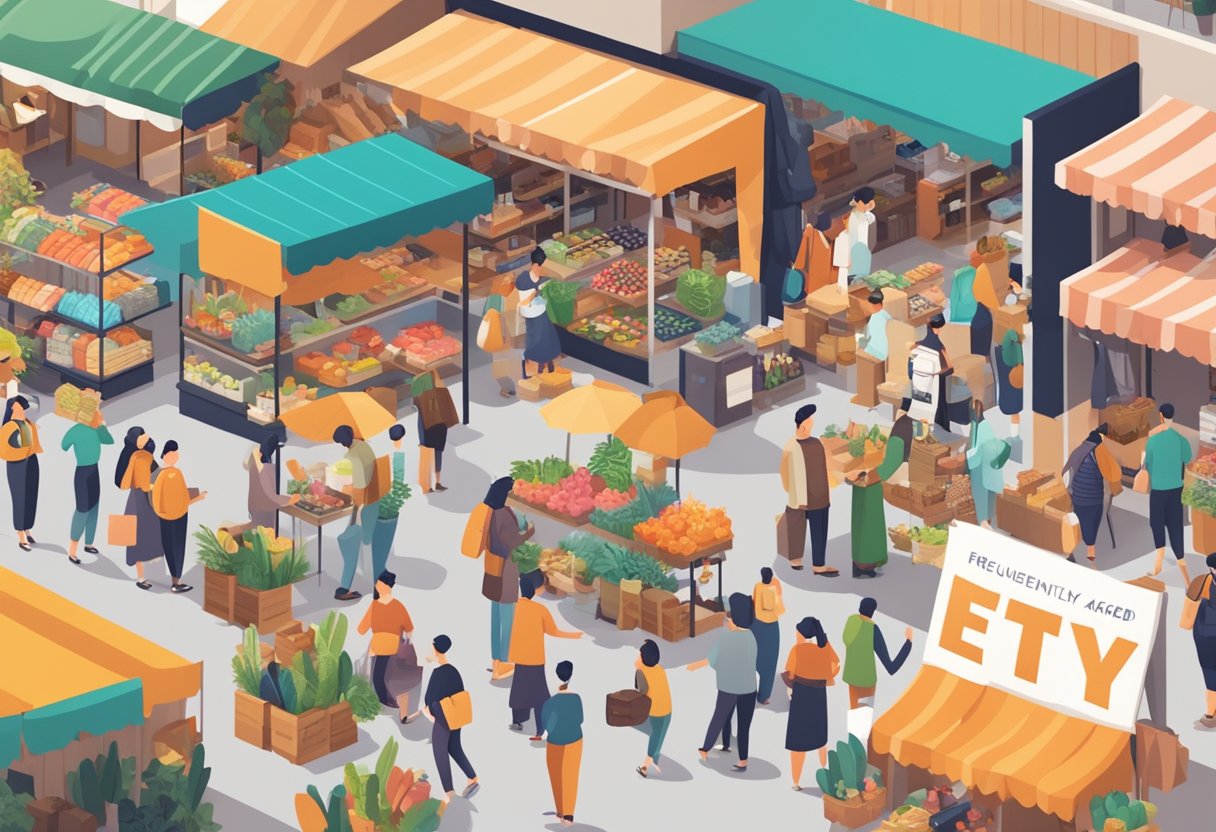 A busy marketplace with a sign "Frequently Asked Questions Etsy Singapore" surrounded by various vendors and shoppers