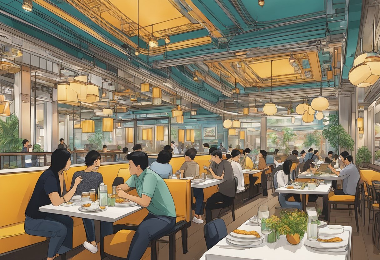 A bustling restaurant in Chinatown, Singapore with modern decor and vibrant atmosphere. Customers enjoy contemporary dining at Mike Ho's restaurant