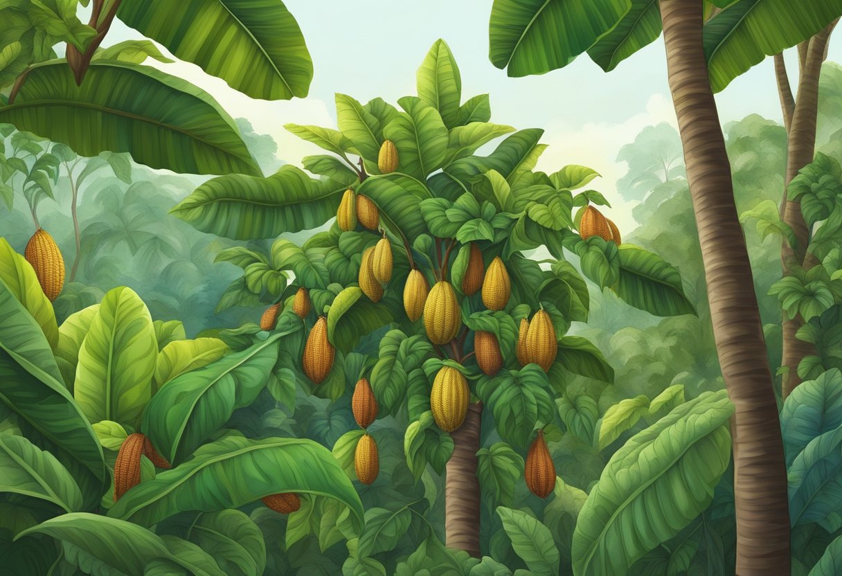 A lush cocoa tree stands tall in the tropical landscape of Singapore, with vibrant green leaves and colorful cocoa pods hanging from its branches