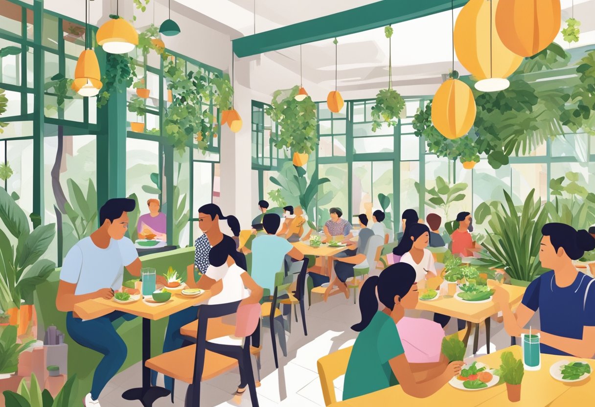 A bustling vegetarian restaurant in Singapore with colorful decor, a variety of plant-based dishes, and customers enjoying their meals