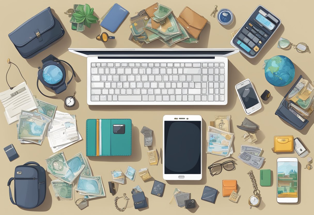 A cluttered desk with a variety of lost items, including keys, phones, and wallets. A sign above reads "Lost and Found Services in Singapore."