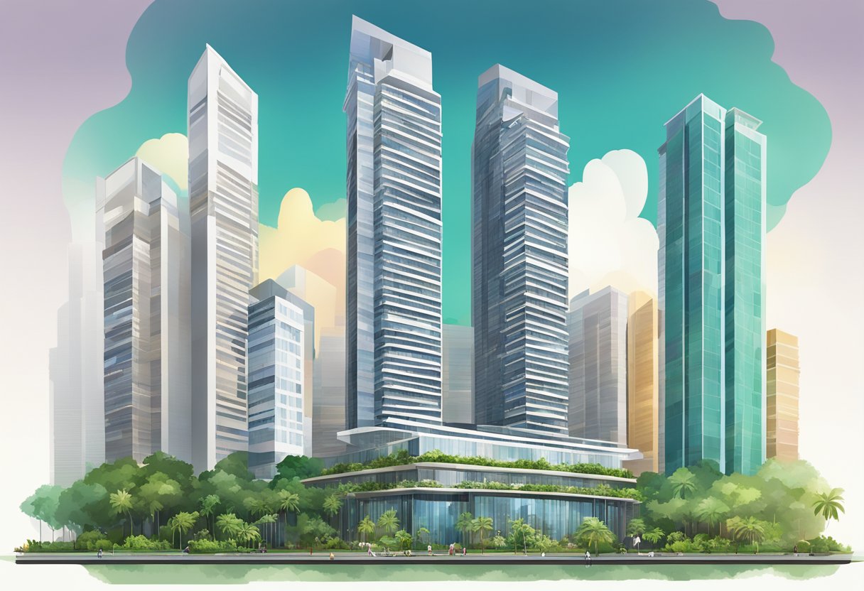 The towering Fraser Suites in Singapore stands against a vibrant cityscape, with modern architecture and lush greenery surrounding it