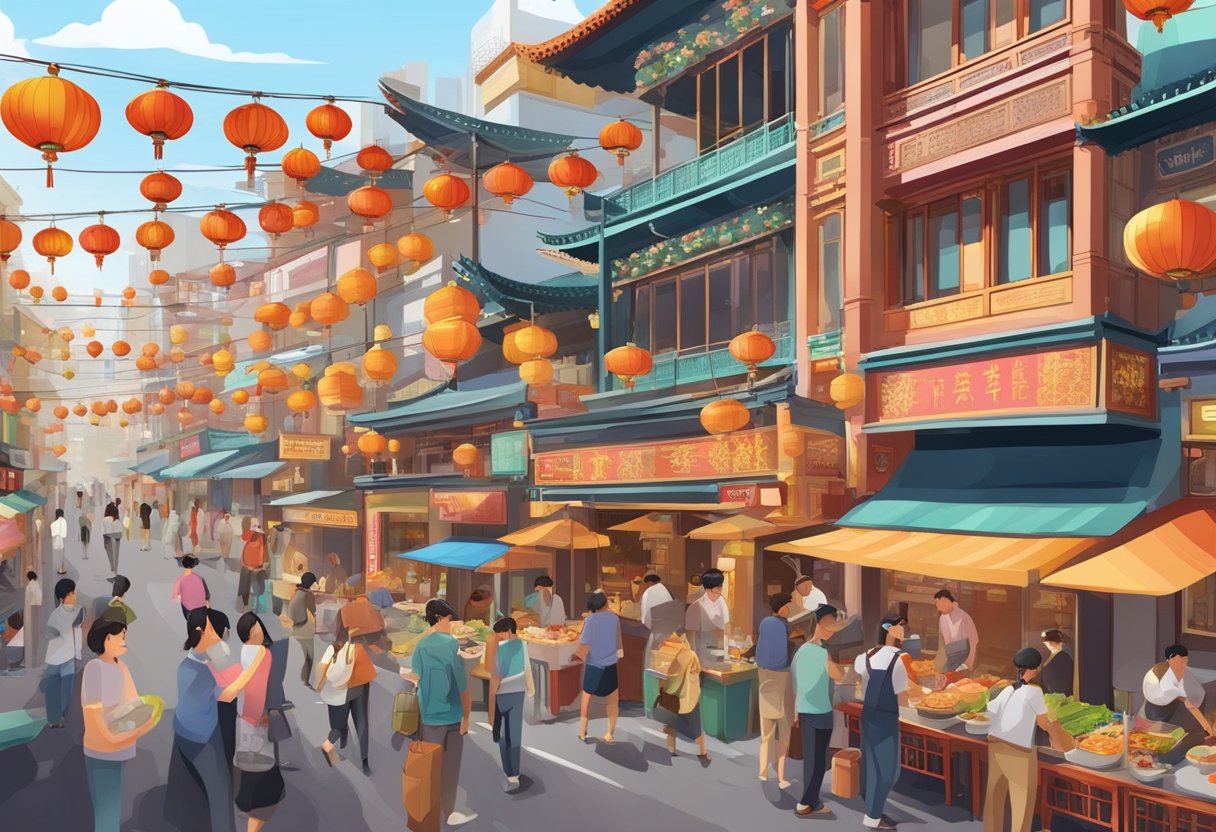Busy Chinatown street with colorful restaurant signs, bustling crowds, and street food stalls. A mix of traditional and modern architecture