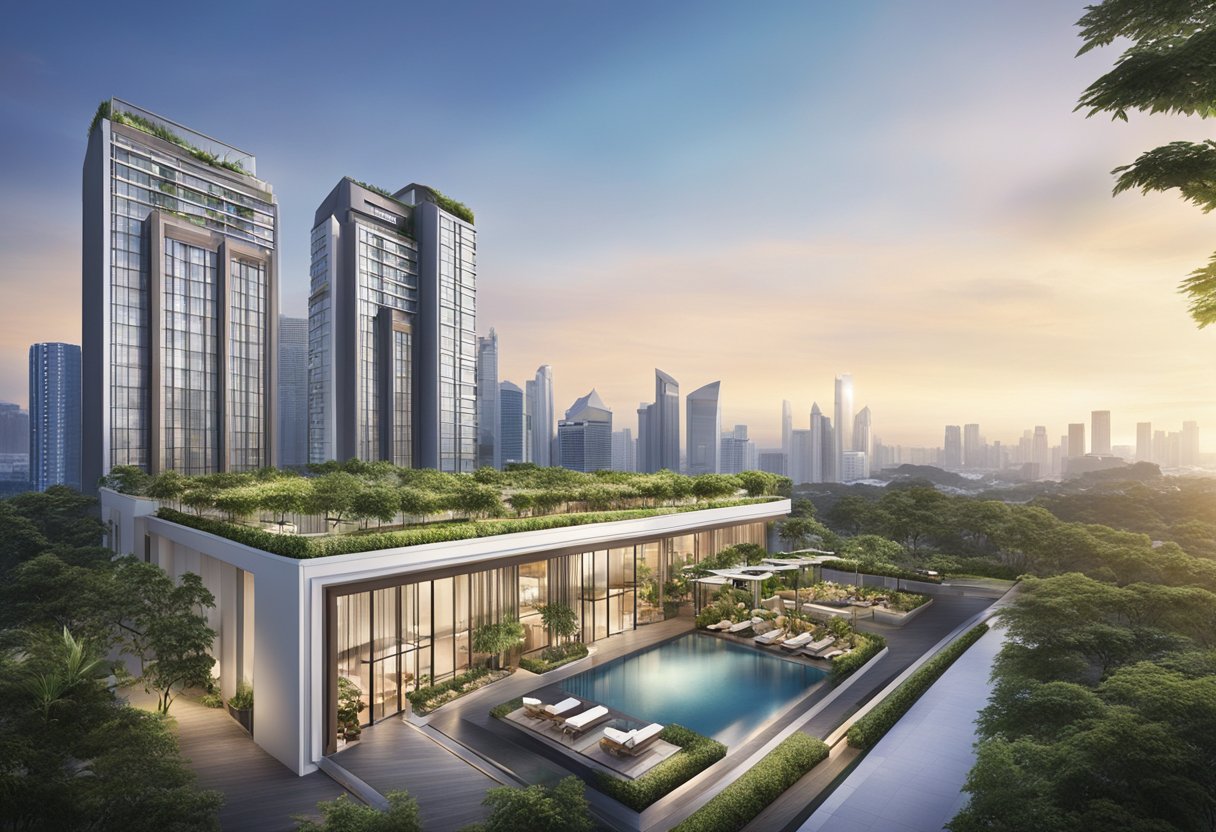 Fraser Suites Singapore's exterior, featuring modern architecture and lush landscaping, with the iconic Singapore skyline in the background