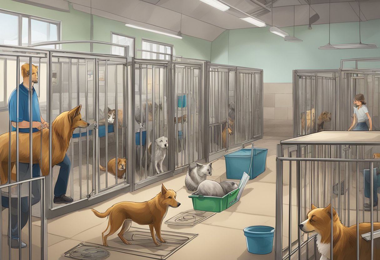 Animals in a shelter, posters of lost pets, volunteers helping