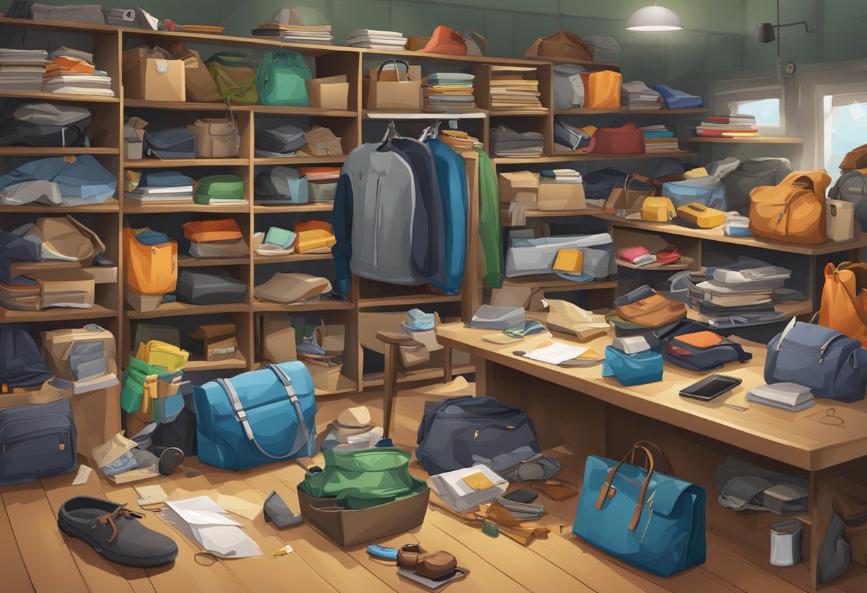 A cluttered lost and found area with various items scattered on shelves and tables, including bags, umbrellas, and electronic devices