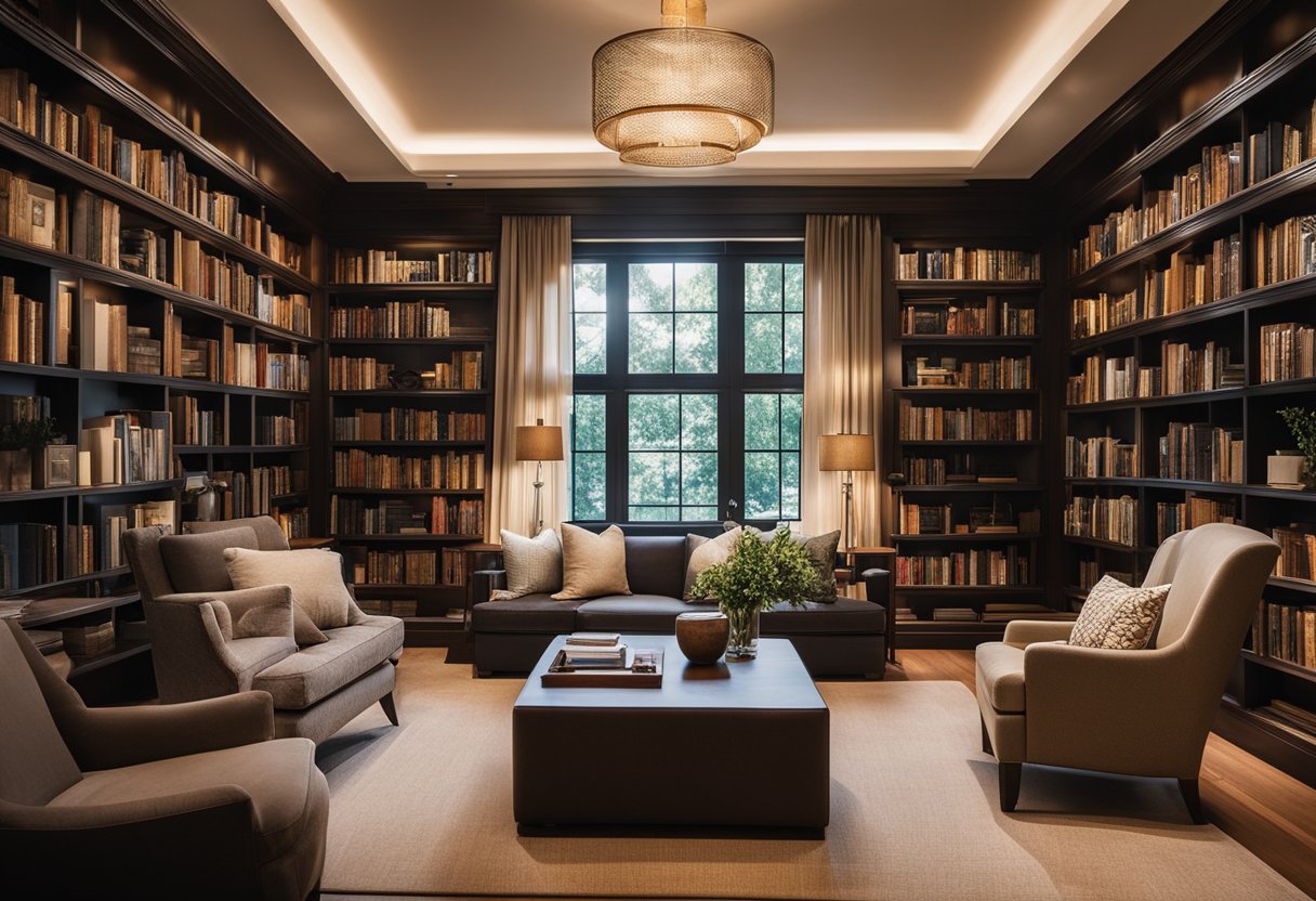A cozy home library with shelves of books and artwork displayed on the walls. Soft lighting and comfortable seating create a welcoming atmosphere