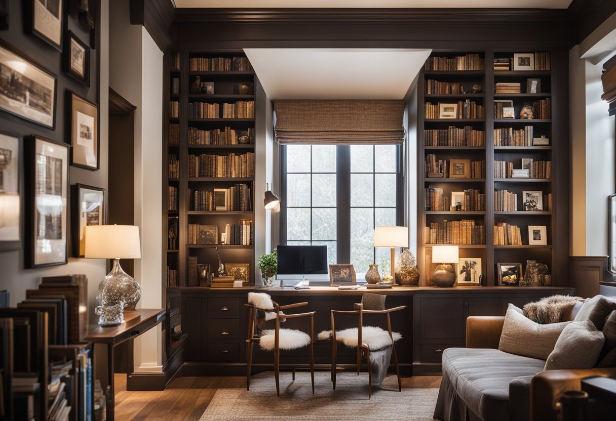 A cozy home library with a mix of framed artwork displayed on the walls, shelves, and easels. Soft lighting highlights the pieces, creating a warm and inviting atmosphere