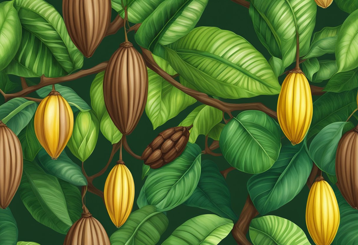 Lush cocoa tree outlets in Singapore, with vibrant green leaves and ripe cocoa pods hanging from the branches