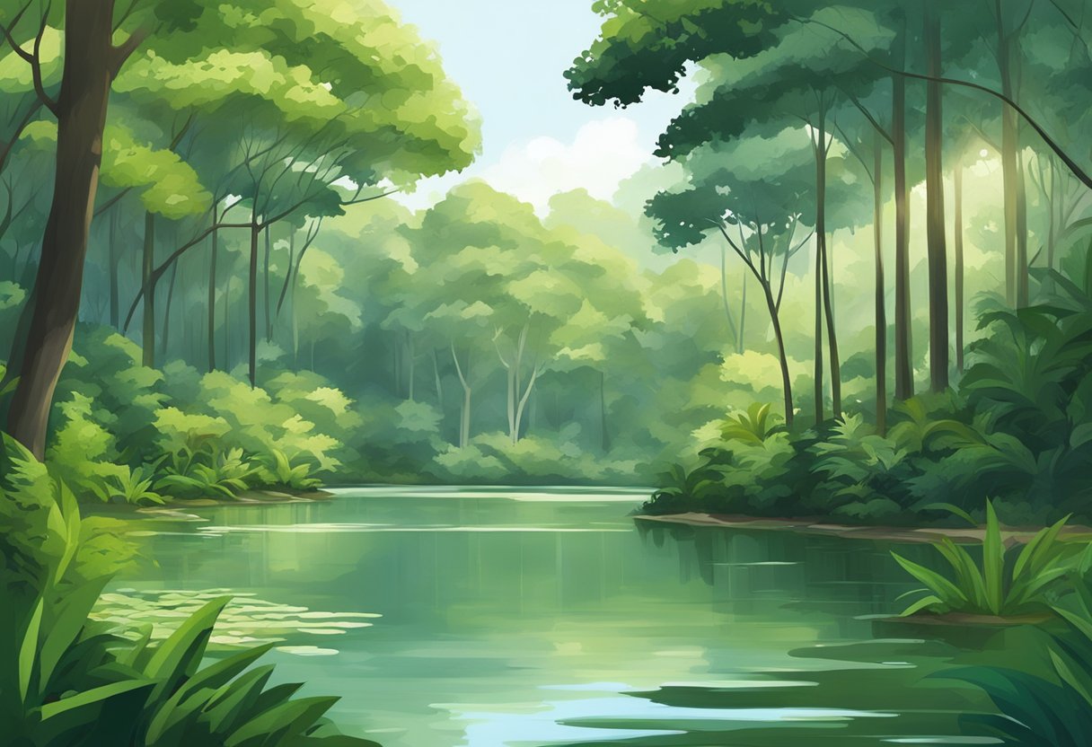 Lush greenery surrounds a tranquil pond in a Singapore nature reserve. Tall trees and vibrant foliage create a serene and untouched natural landscape