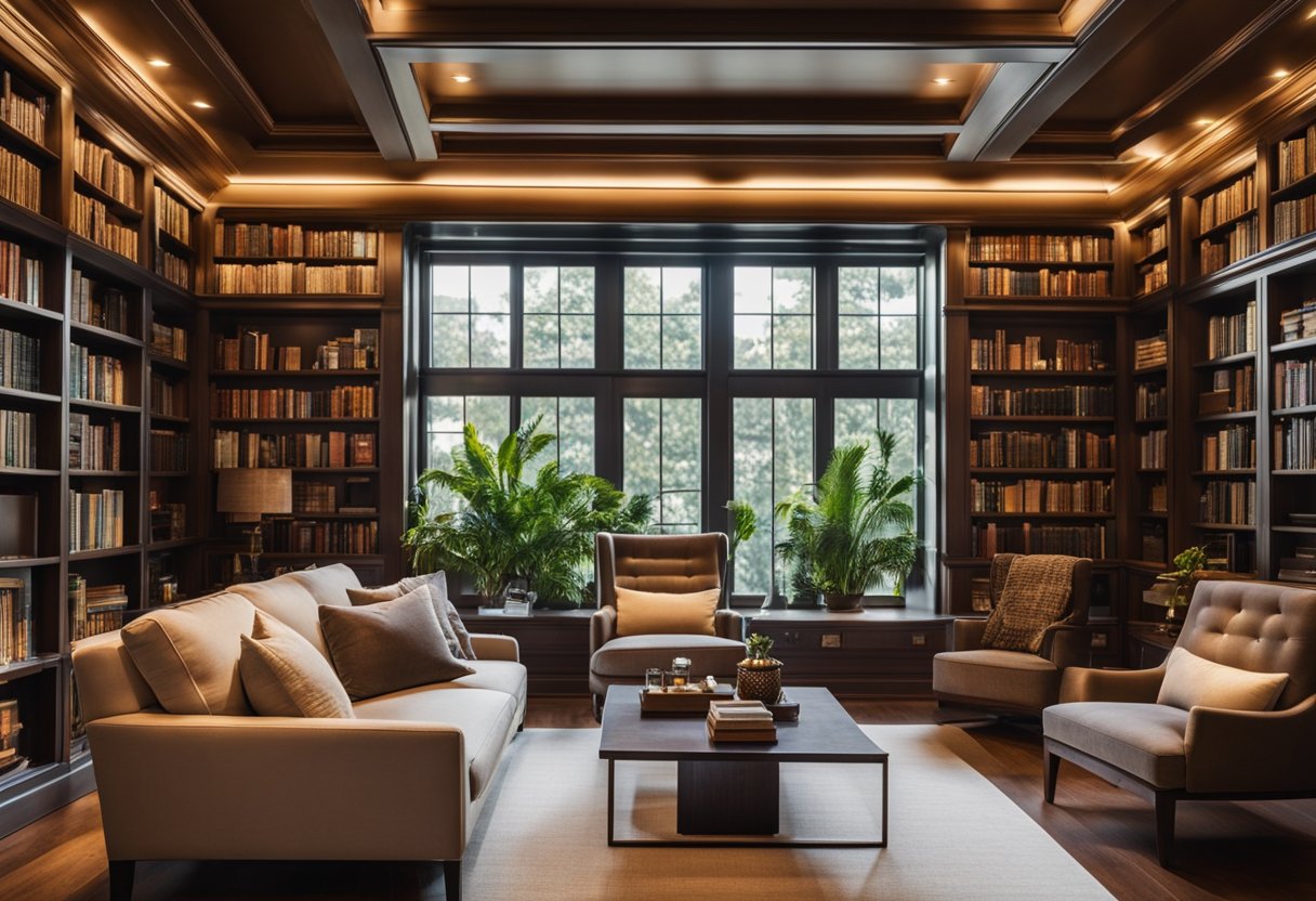 A cozy home library with warm, ambient lighting highlighting artwork on the walls. Comfortable seating and bookshelves create a welcoming atmosphere