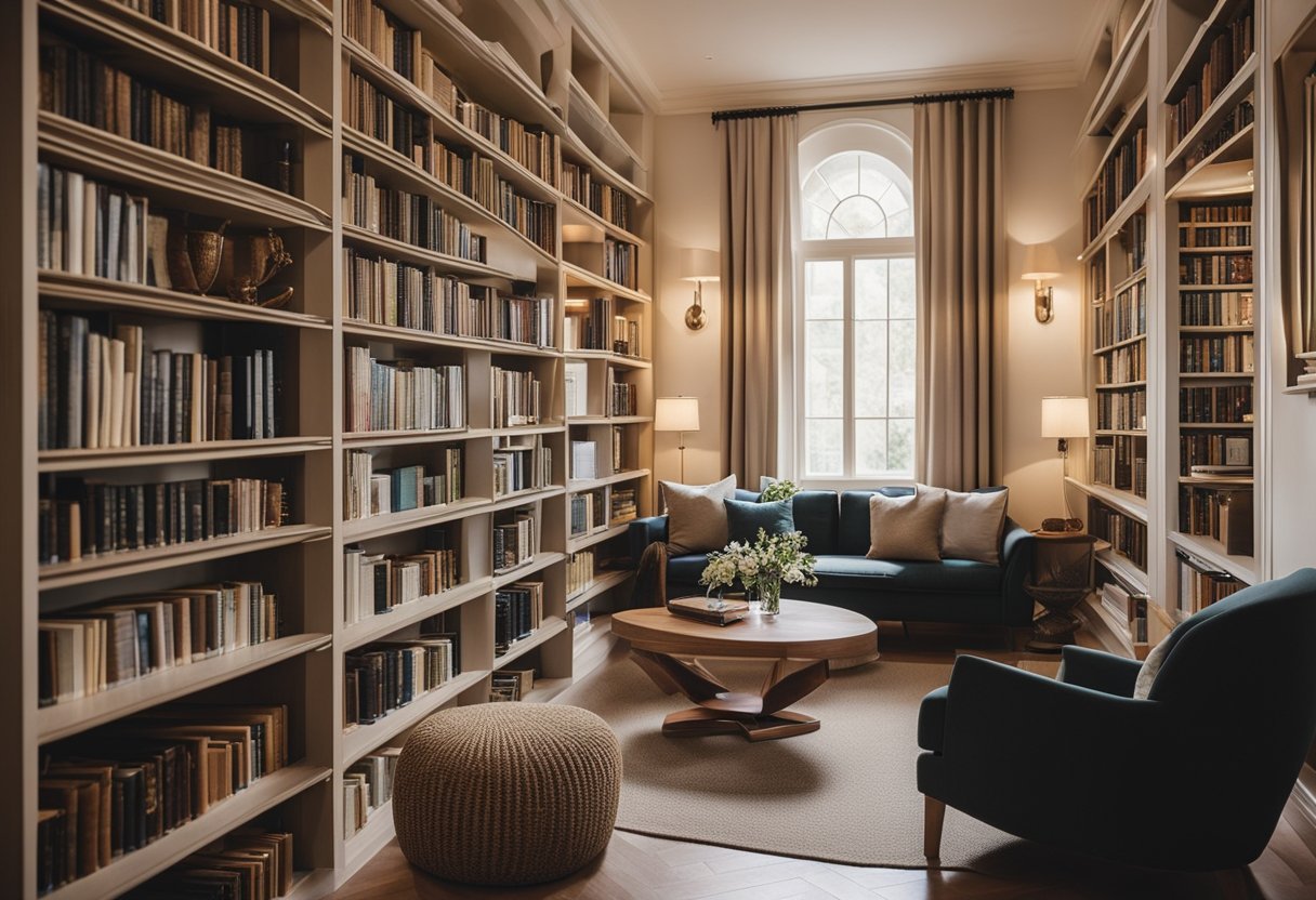 A well-lit home library with carefully arranged artwork on the walls, surrounded by cozy reading nooks and elegant bookshelves