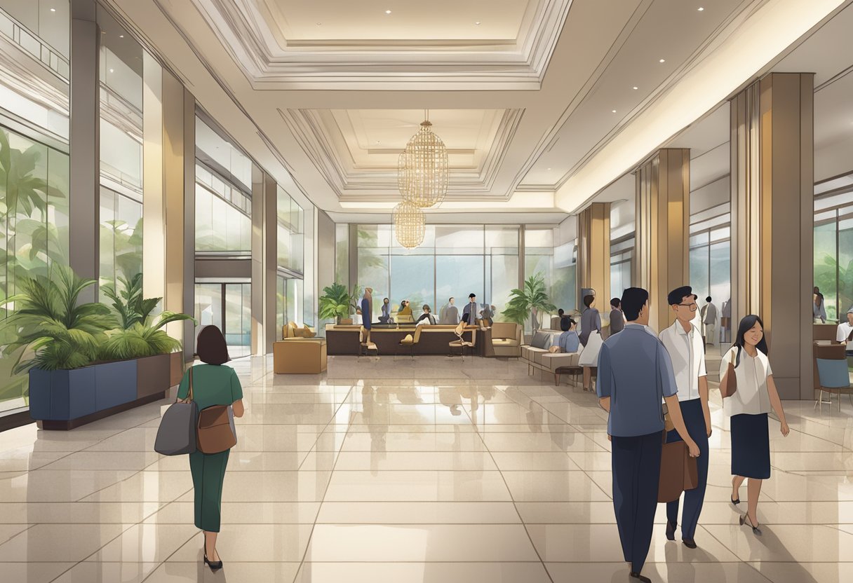 A bustling hotel lobby with a prominent "Frequently Asked Questions" sign at Fraser Suites Singapore. Guests and staff interact in the background