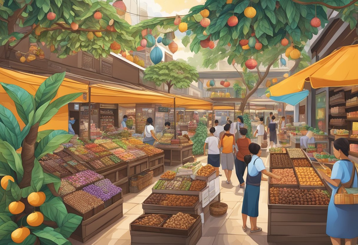 A cocoa tree surrounded by a variety of chocolate selections and gifting packages in a vibrant and bustling marketplace in Singapore