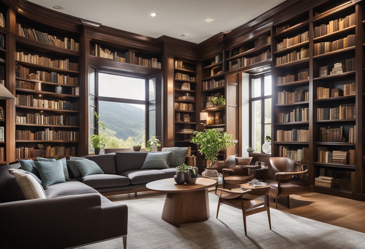 A cozy home library with art displayed on interactive screens and digital frames, surrounded by shelves of books and comfortable seating