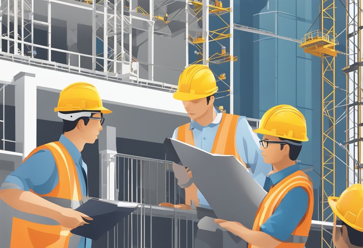 A construction site in Singapore with cranes, scaffolding, and workers in hard hats