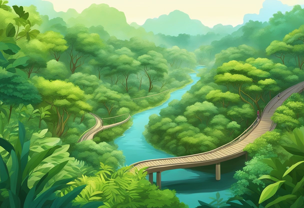 Lush greenery and vibrant flora fill the Singapore nature reserve, with winding trails leading through the dense foliage and tranquil streams flowing through the peaceful landscape