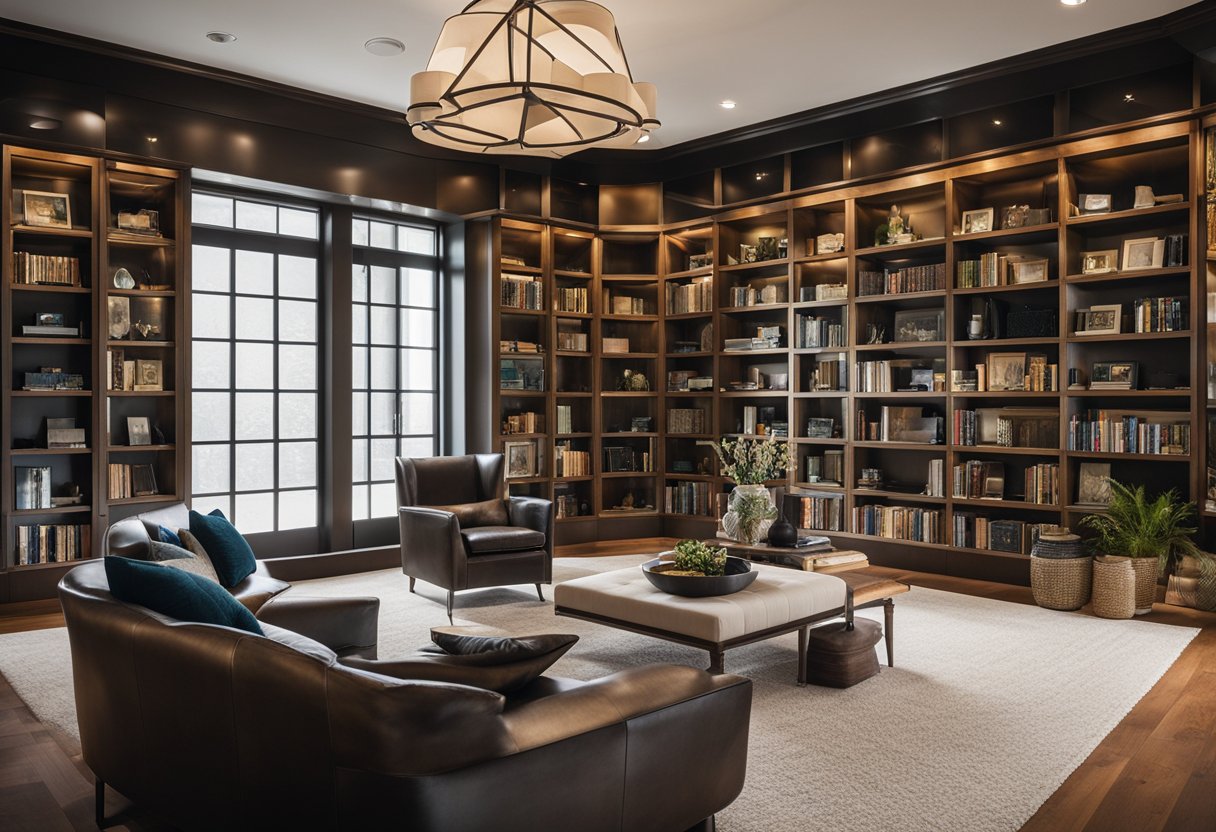 A home library with rotating displays of artwork, updated seasonally. Various pieces of art are showcased on the walls and shelves, creating a dynamic and creative atmosphere