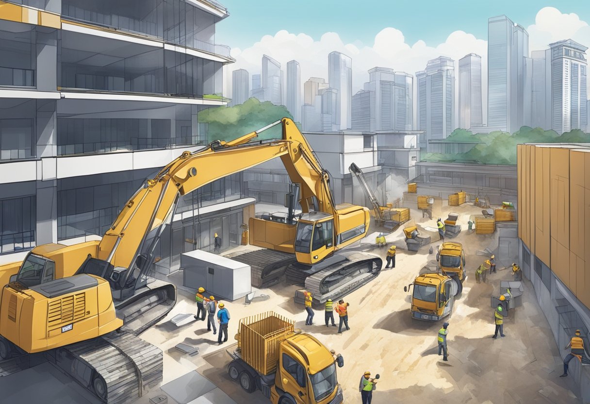 A bustling construction site with workers renovating buildings in Singapore. Materials and equipment scattered around as buildings undergo transformation