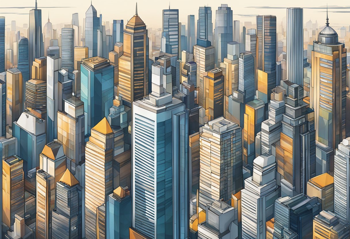 A bustling cityscape with iconic skyscrapers and bustling streets, featuring a mix of modern architecture and traditional elements