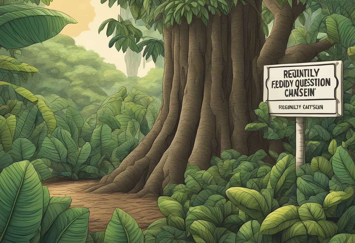 A lush cocoa tree stands in a vibrant Singaporean forest, with a sign nearby reading "Frequently Asked Questions."