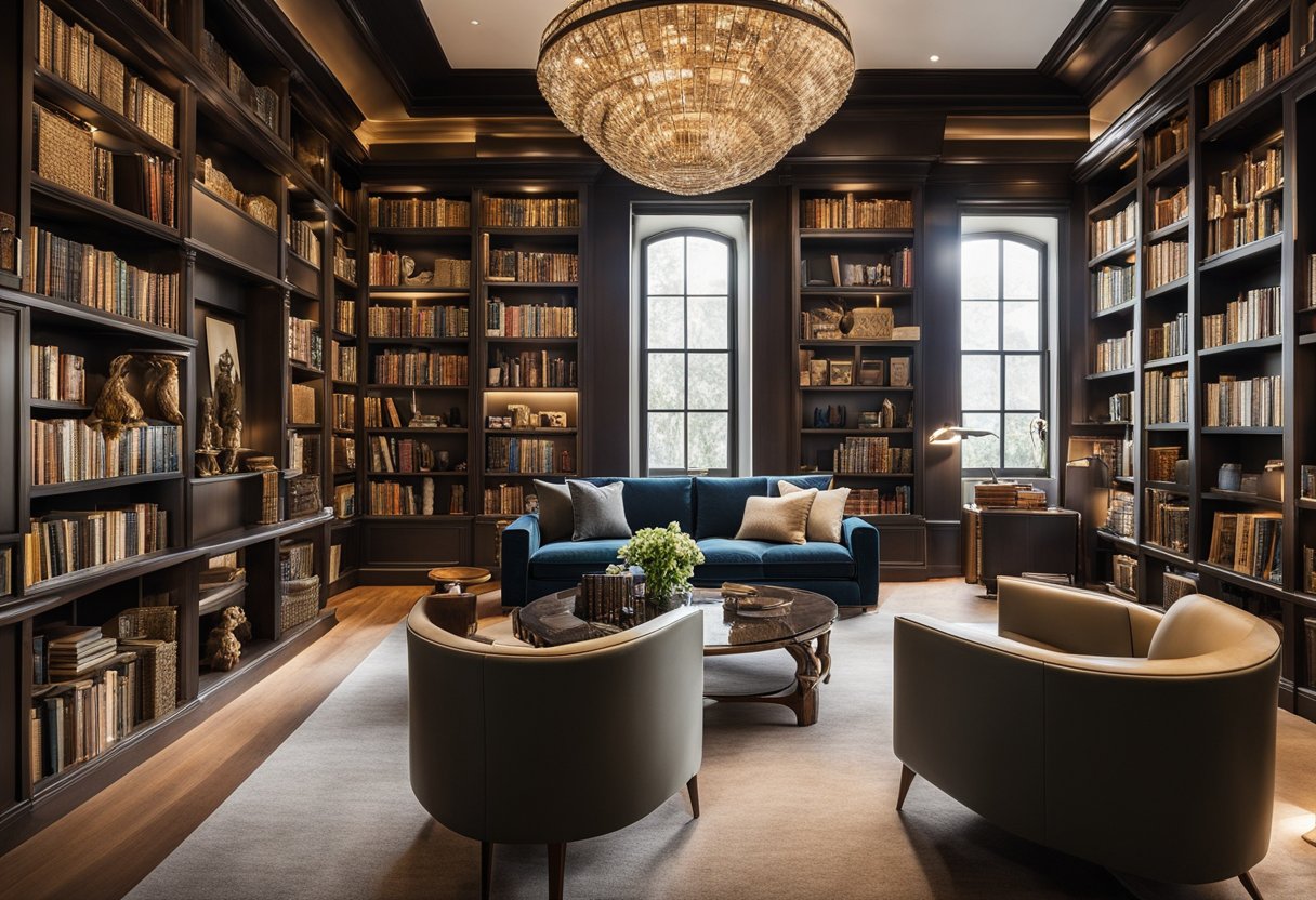 A home library with floor-to-ceiling shelves filled with artwork, sculptures, and framed pieces. The shelves are strategically arranged to showcase the pieces, with spotlights highlighting the details
