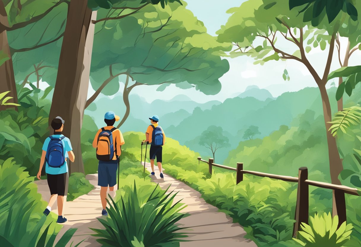 People hiking, bird watching, and learning about flora in a lush Singapore nature reserve