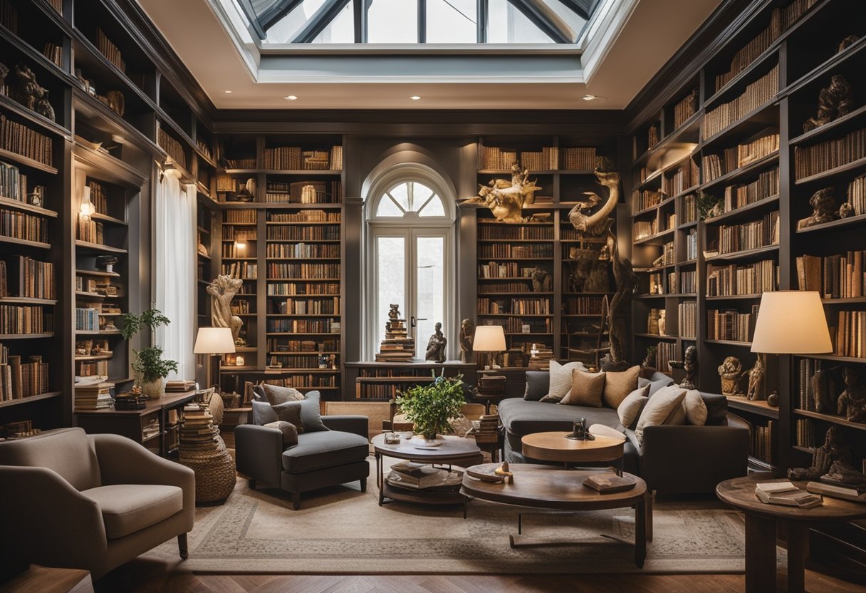 A home library with sculptures and 3D art displayed on shelves and tables, surrounded by books and cozy seating, creating a creative and inspiring atmosphere