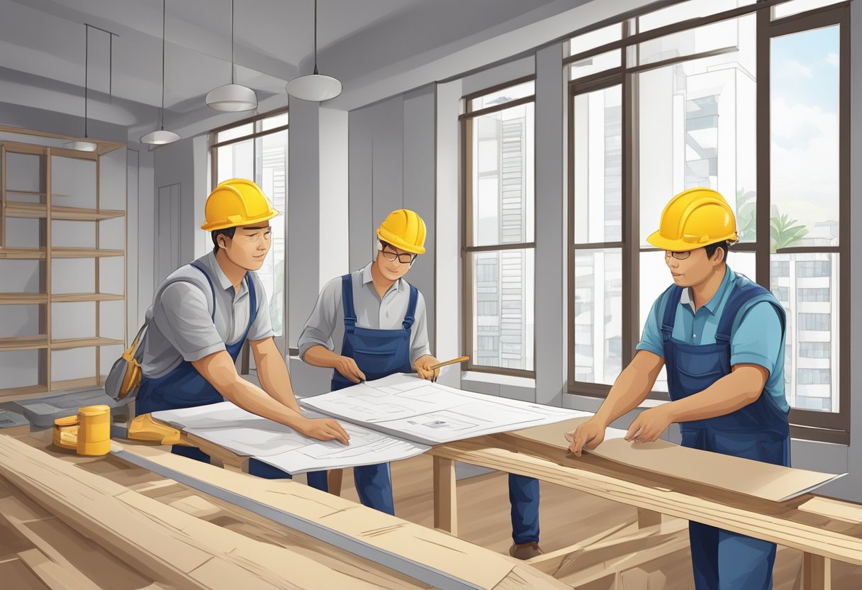 A contractor in Singapore plans and executes a renovation project, coordinating workers and materials on a construction site