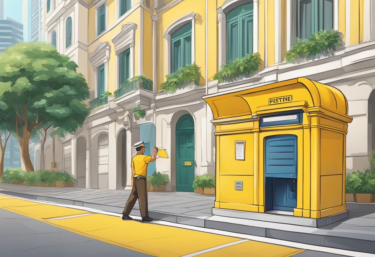 A mailman standing in front of a bright yellow Singapore Post mailbox, reaching to drop a letter inside. The backdrop is a bustling city street with tall buildings and greenery