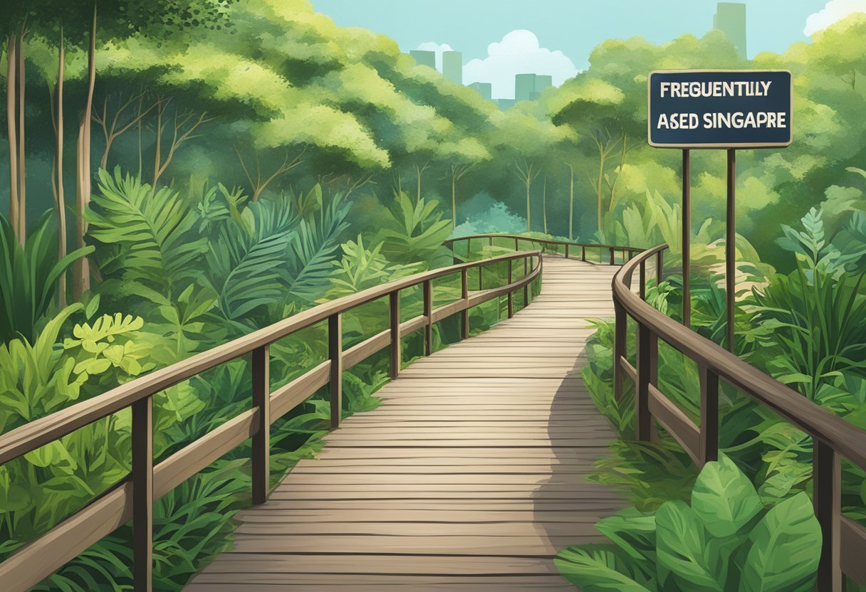 Lush greenery surrounds a wooden boardwalk, with a sign reading "Frequently Asked Questions Singapore Nature Reserve" in the foreground