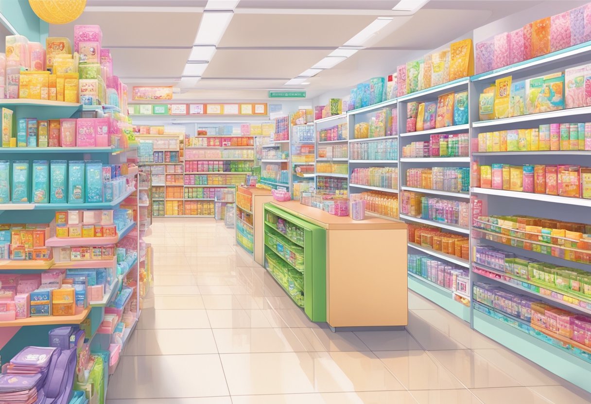 Brightly lit Daiso Singapore outlets with colorful shelves and various products neatly displayed. Customers browsing aisles, cashiers at checkout