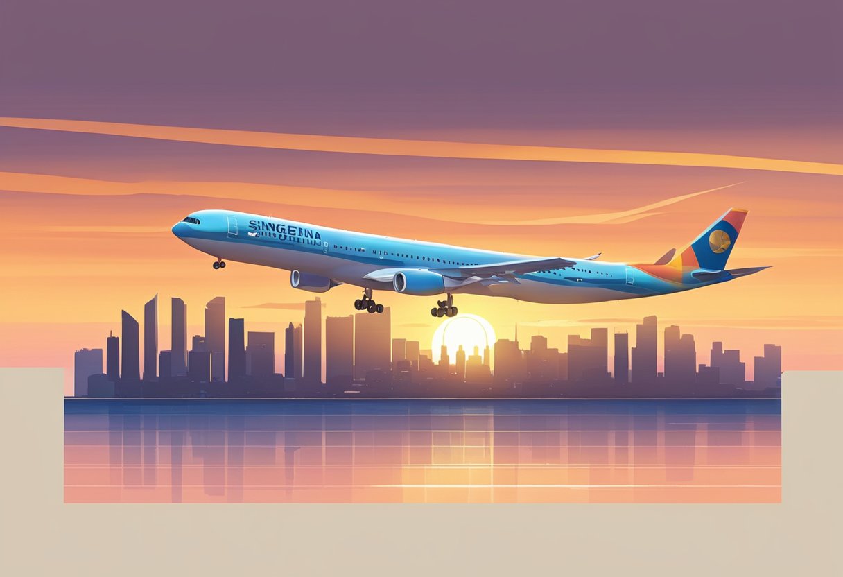 A plane flying over the ocean from Singapore to Barcelona, with city skylines in the background and the sun setting on the horizon