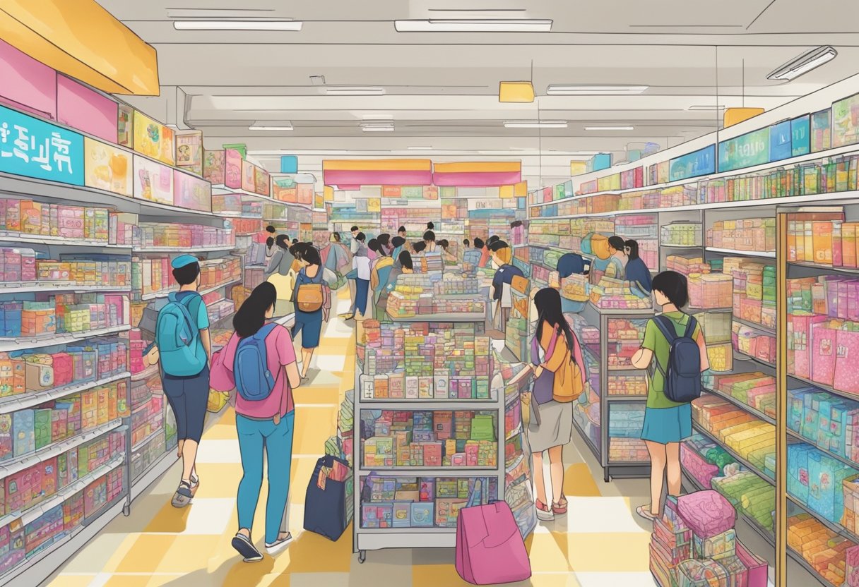 A bustling Daiso outlet in Singapore, filled with colorful merchandise and busy shoppers browsing the aisles