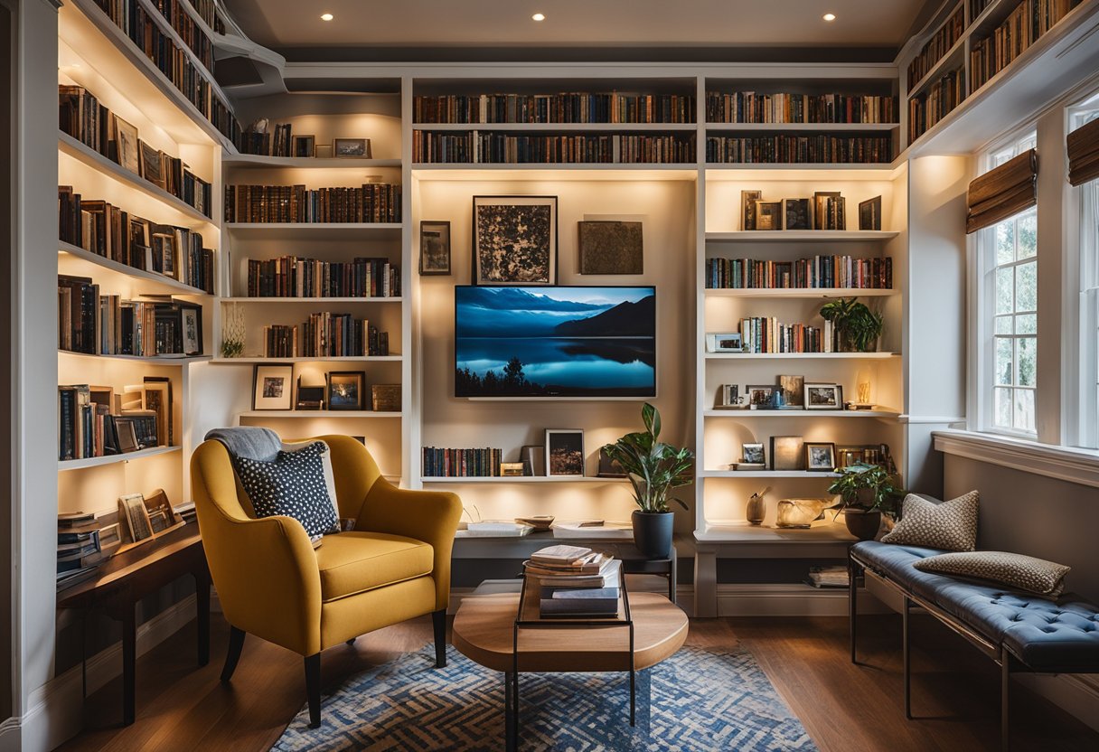 A cozy home library with shelves of books, a comfortable reading nook, and a gallery wall of artwork illuminated by soft lighting